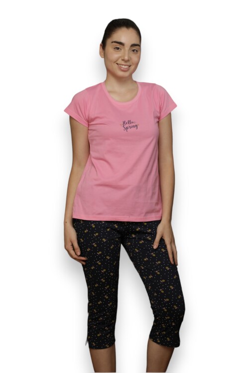 Evian Women Pure Cotton, Inner Elastic Night Dress Solid T-shirt & Printed Capri Set