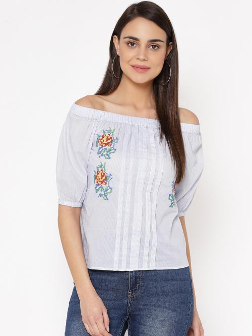 CARLTON LONDON Women Blue Embroidered Cotton Blend Top