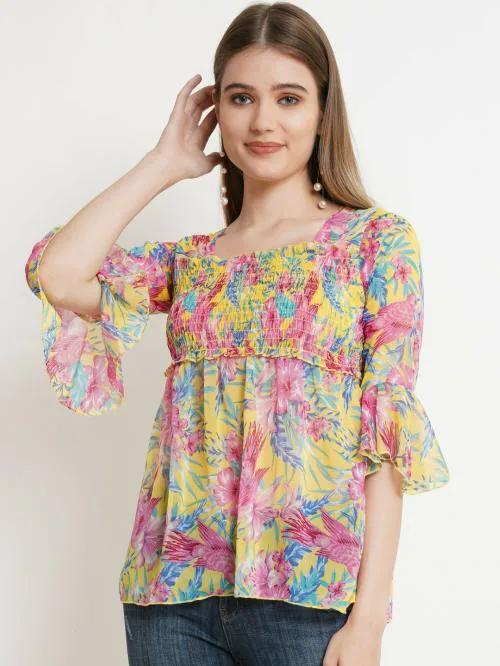 Popwings Women Casual Yellow Chiffon Peplum Floral Printed Latest Trendy Tops | 3/4th Sleeve Top | Square Neck Top | Regular Tops | Chiffon Tops | Western Wear Tops | Latest Casual Trendy Top