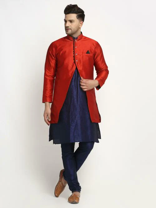 Benstoke Men's Navy Blue Kurta With Pyjama & Red Self Design Jacket