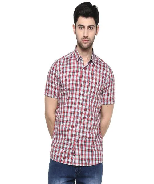Red Chief White / Red / Navy Half Sleeve Check Smart Slim Fit Cotton Casual Half Shirt for Men