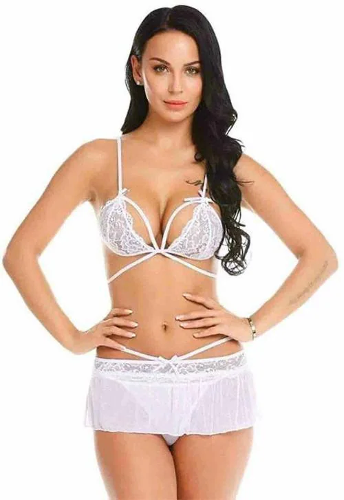 ZXS STYLE Women White Net Babydoll Bra Panty with Skirt Lingerie Set