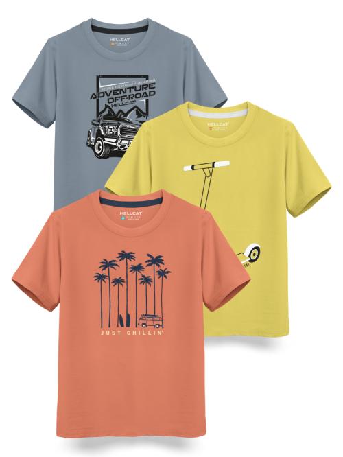 HELLCAT Orange , Yellow , Grey Trendy Graphic Printed Typographic Cotton Blend Crew Neck / Round Neck Half Sleeve T-shirt for Boys