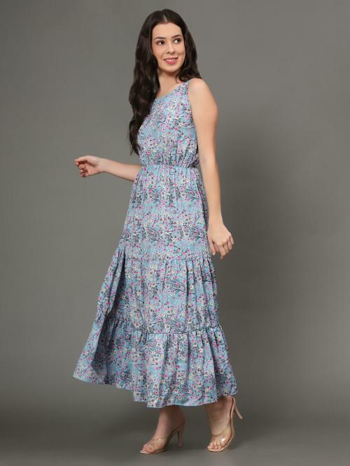 Vaani Creation Women Light Blue Floral Print Crepe Gathered Dress (M)