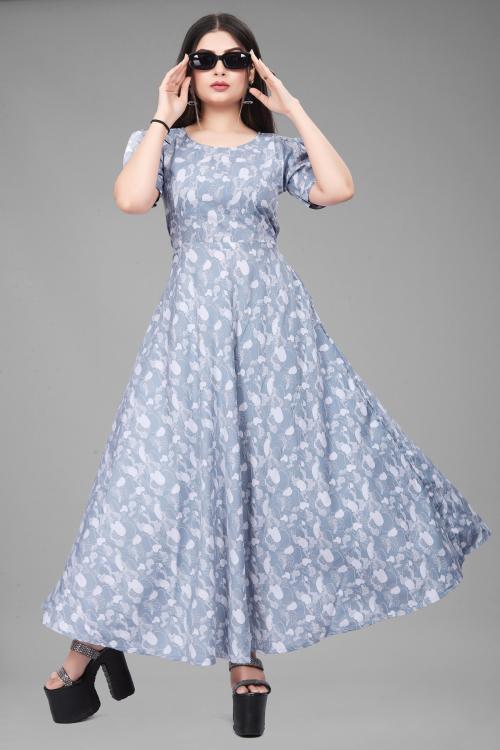 DDRS FASHION Women Light Blue, Grey Floral Print Crepe A-Line Dress (Xl)