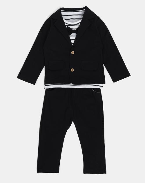 Hopscotch Baby Boys Cotton And Polyester Stripe Print Tee, Blazer And Pant Set In Black Colour For Ages 18-24 Months (SN-2732950)