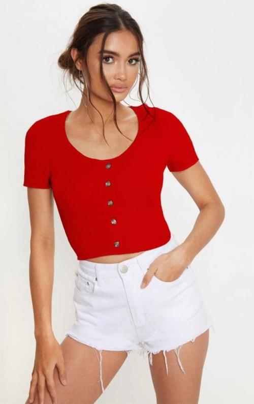 Liza Fashion Women Red Solid Lycra Blend Crop Top - XL