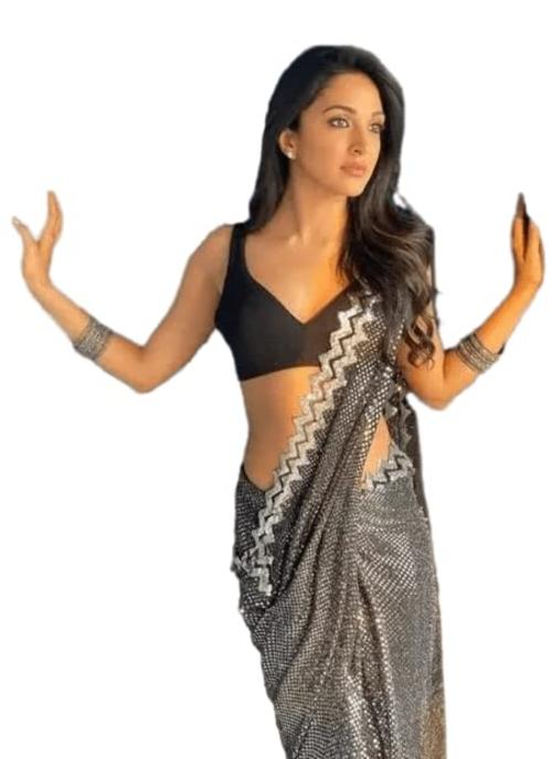 Thishma Women Black Sequin Georgette Saree with Blouse Piece