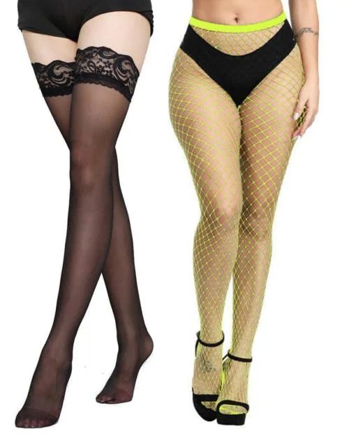 Neska Moda Women Black, Neon Green Fishnet Stockings