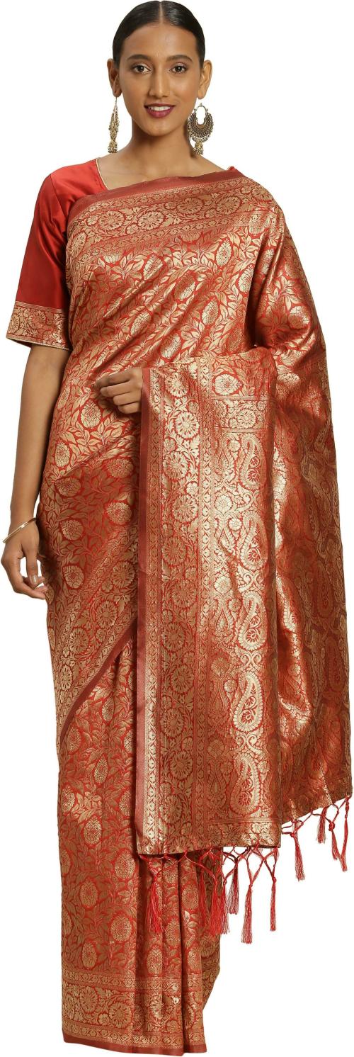 Sainoor Women Free Size Red Woven Design Art Silk Banarasi Saree