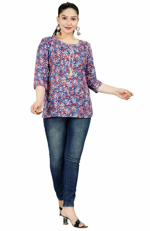 Jatila Short Kurti for Women's, Printed Straight Cotton Kurta, Round Neck 3/4 Sleeves, Casual Wear Short Kurti, Fancy Stylish Tunic Tops for Women for Girls