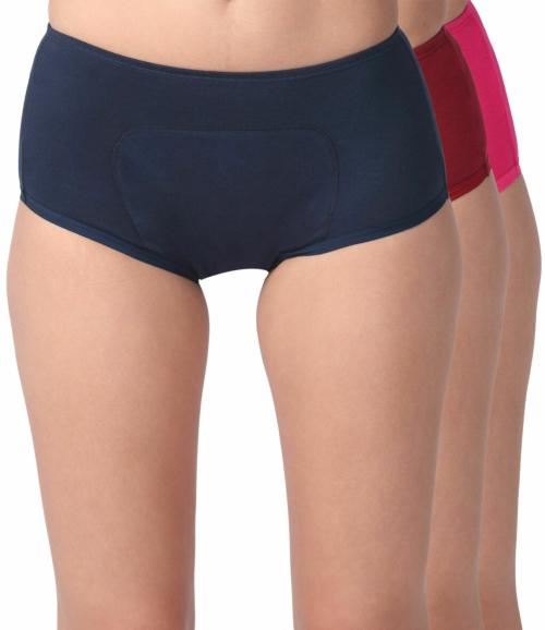 Adira | Leak Proof Period Panties | Boxer Fit For High Flow | Reusable | With Support Patch For Pad | Leakproof & Skin Friendly | For School & Travel | Pack Of 3 | Navy Blue, Maroon & Dark Pink | S
