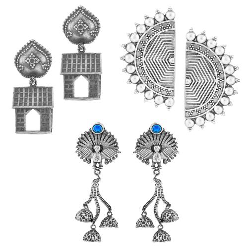 Okos Navratri Special Rhodium Oxidised Jewellery Combo of 3 Designer Earrings Studded with Blue Kundan Stone for Girls and Women CO1000347
