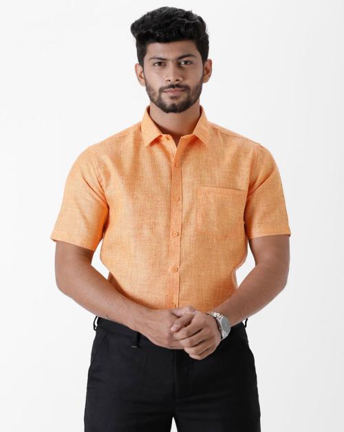 RAMRAJ Men's Orange Solid Cotton Blend Short Sleeve Shirt