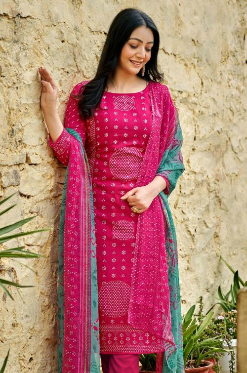 DRAVINAM Trends Unstitched Printed Mirror Work Pure Cotton Salwar Suits Dress Material with Printed Chiffon Dupatta Unstitched Dress Material For Women (Pink)