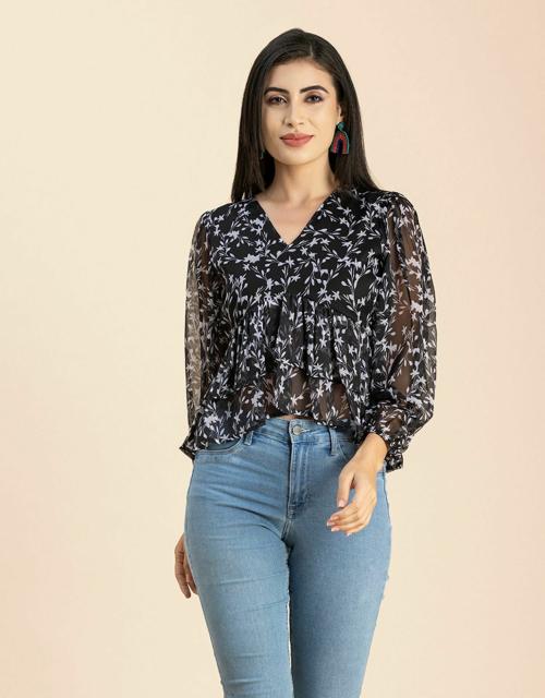 Moomaya Women's Printed V Neck Top, Balloon Sleeves Ruffled Chiffon Crop Top