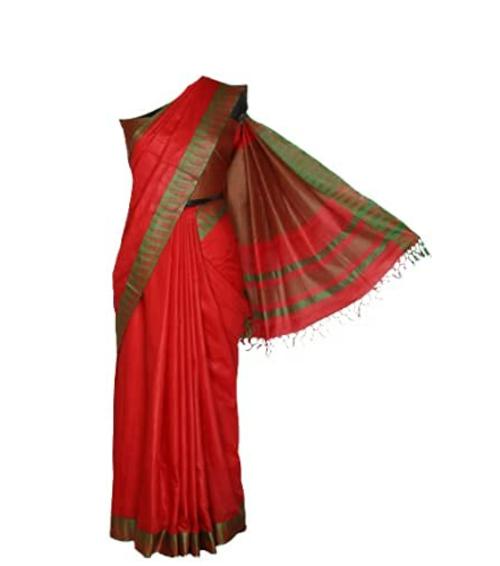 Radiant Fashion Women Green Red Cotton Silk Saree with Blouse Piece