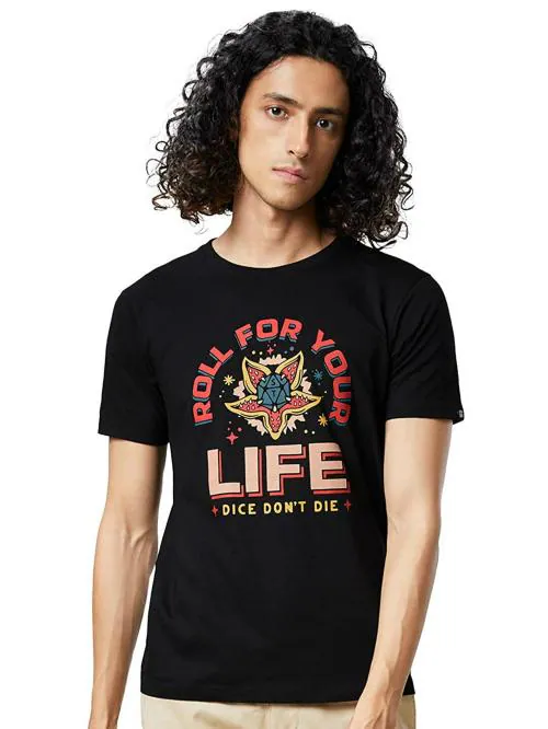 The Souled Store Men Black Printed Cotton T-Shirts