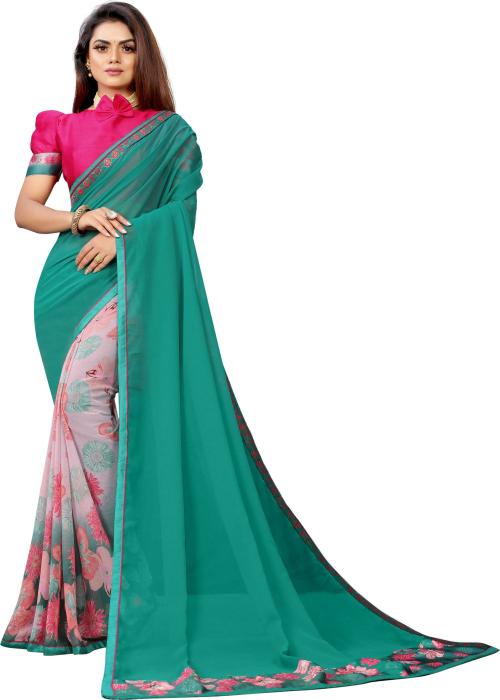 IMPRESSION FAB Women Dark Green Printed Georgette Half And Half Saree (Free Size)