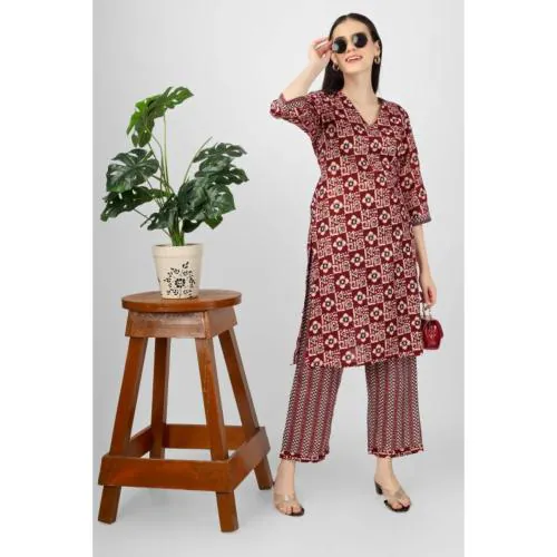 ANASCO INDIA VUYING HOUSE Gedap Women Kurti Pajama Set | 100% Rayon Kurti Set | Burgundy Kurti pajama Set