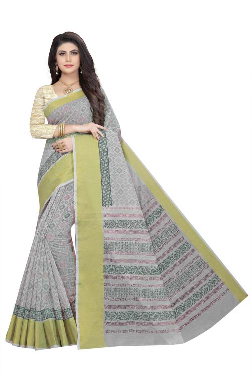 Rujave Women Grey Printed Cotton Blend Bhagalpuri Saree