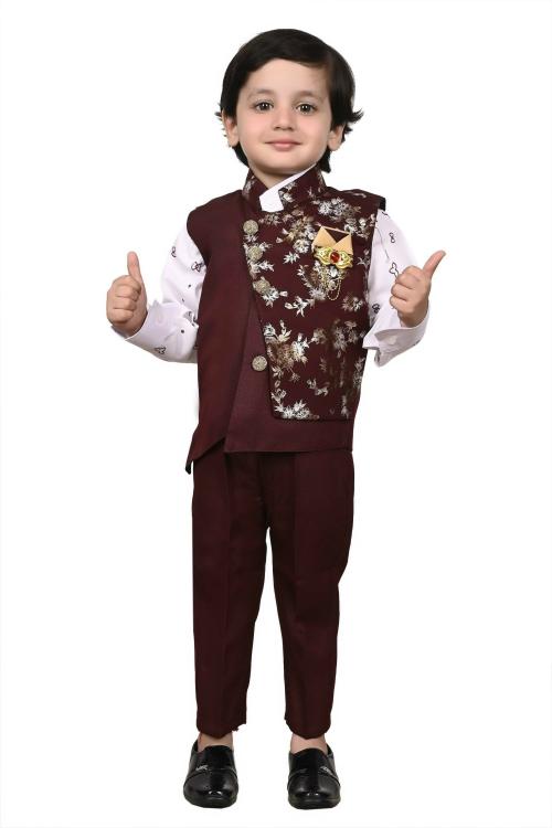 Kuwarsha Boys Maroon Printed Cotton Blend Shirt With Waistcoat And Pant (6 - 7 Years)