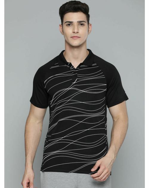 Alcis Men Black White Striped Polo Collar T-shirt