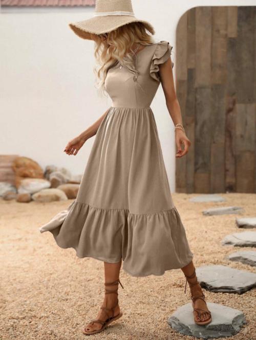 Aathya Enterprise Womens Butterfly Sleeve A line Western Dress Grey XL