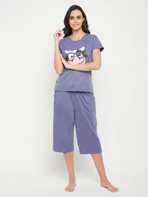 Clovia Women's Cotton printed Top & Capri Set