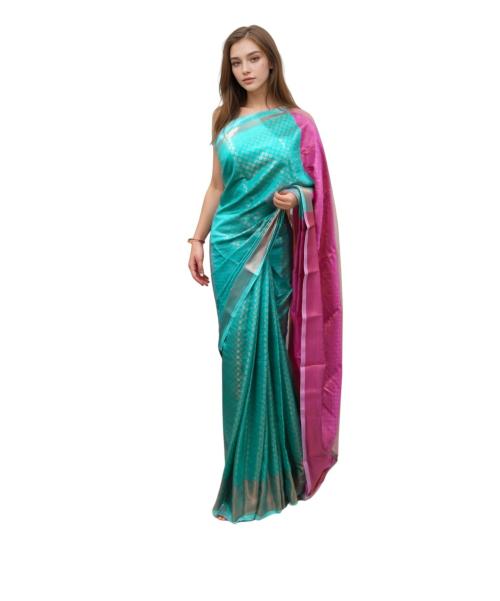 KALRA MAGIC Soft Pure Silk Woven Border 6 Inch Unstitched 0.80Mt / 1Mt Blouse for Banarsi & Kanjivaram Saree Length 5.5 Embroidered Saree for Women Tassels Copper Brocade 01 (Green Firogi)