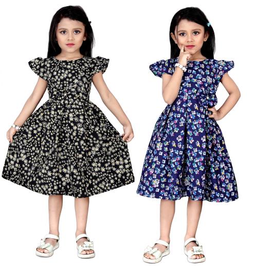 Manaitri Girls Midi/Knee Length Casual Dress (combo-Black star-Bule-frock-6-7y)