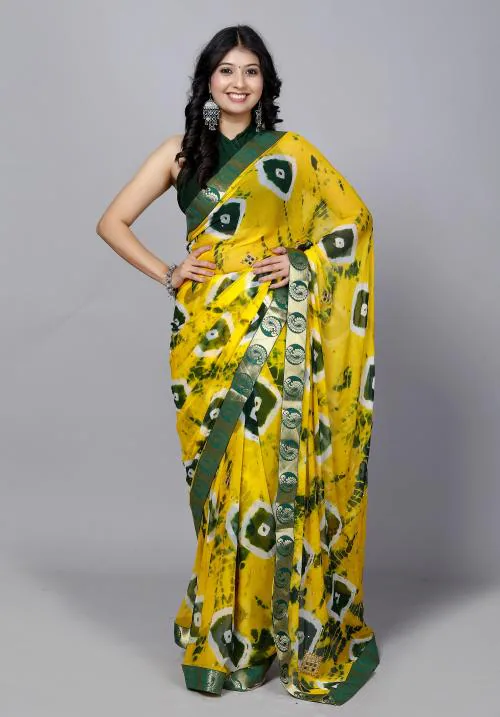 VL SAREES Chiffon Self Design Jaipuri Bandhnai Holi Print Saree with Blouse for Women’s-(Yellow)