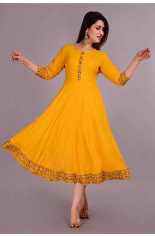 RA Creation Women Yellow Printed Viscose Rayon KurtaXXL