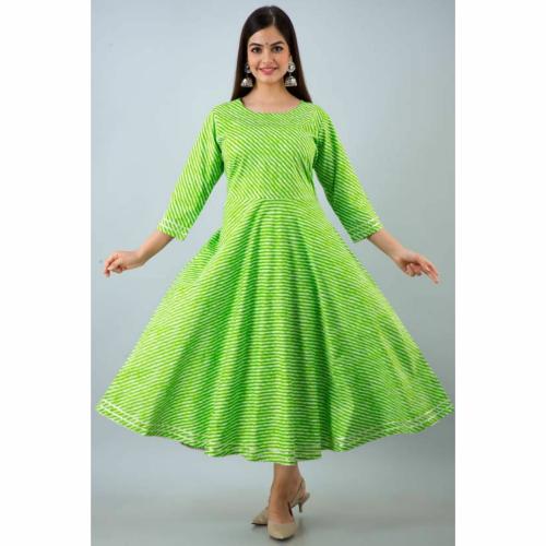 ETHNI JAIPUR Lehariya Kurti for Women Striped Fit & Flare Cotton Kurta Anarkali Kurta Ethnic Dress for Women | Green | Size-M