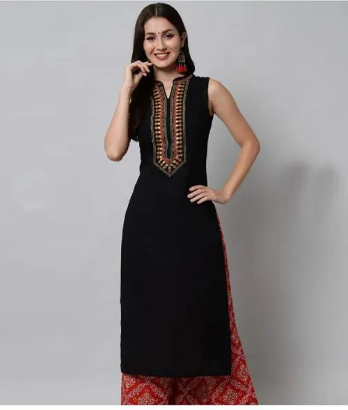 DANEEN Women Embroidered Rayon Straight Sleeveless Kurti ( Black-3XL )