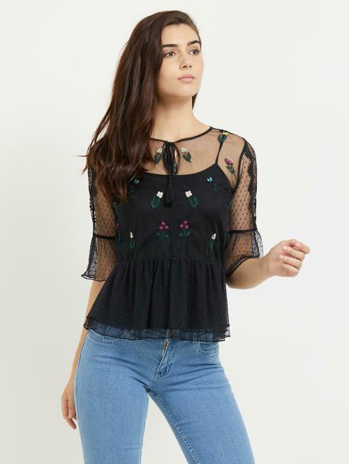 109F Women Black Embroidered Polyester Blend Top
