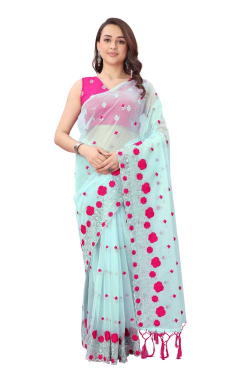 Sroly Embroidered Bollywood Heavy Silicon Net Saree, Sky Blue