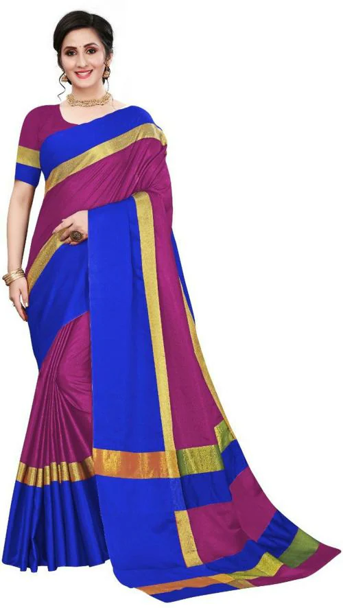 kridham tex Women Purple Self Design Cotton Silk Saree