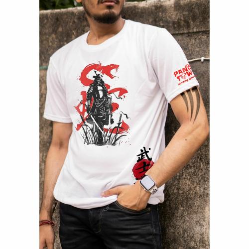 PANDA TOWN Blended Cotton Tshirt Unisex | Snake Samurai Japanese Ink Art Printed T-Shirt | Color-Milk White-HT(80) | Size - M