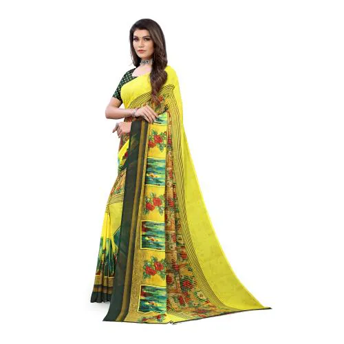 POSHYAA FASHION Women Georgette Lemon Yellow Colour Printed Saree With Unstiched Blouse Piece