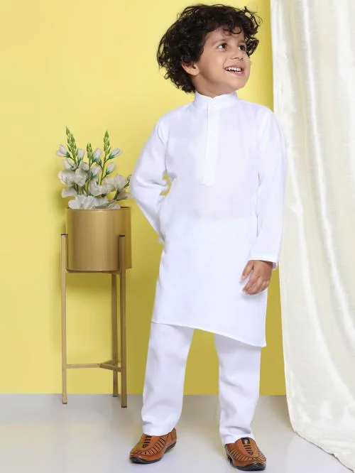 AJ Dezines Kids White Cotton Solid Kurta Pyjama Set For Boys