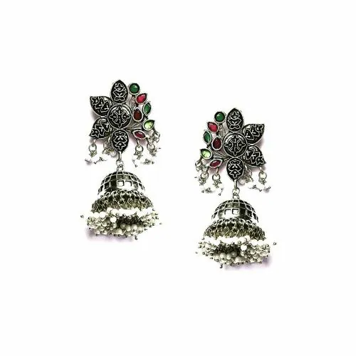 Vinca Jewel's Oxidised Earrings German Silver Plated Ethnic Elephant Ghunghru Style Designer Jewellery Fashion Earrings Afghani Hoop Jhumka Design for Girls & Women