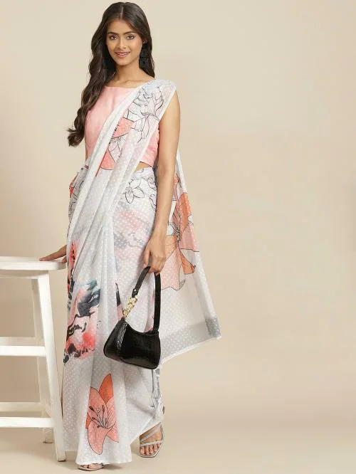 Silk Land Women White Printed Poly Chiffon Saree ( One Size)