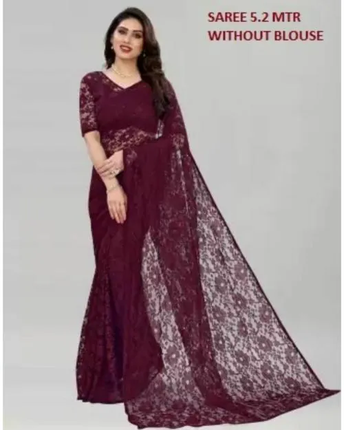 Saadhvi Women's Wine Russal Net Printed Saree Without Blouse(5.2 M-RUSAL-WINE, Free Size)