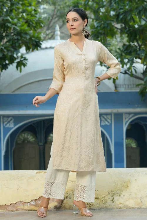 Juniper Women Ivory Woven Design Viscose Rayon Straight Kurta