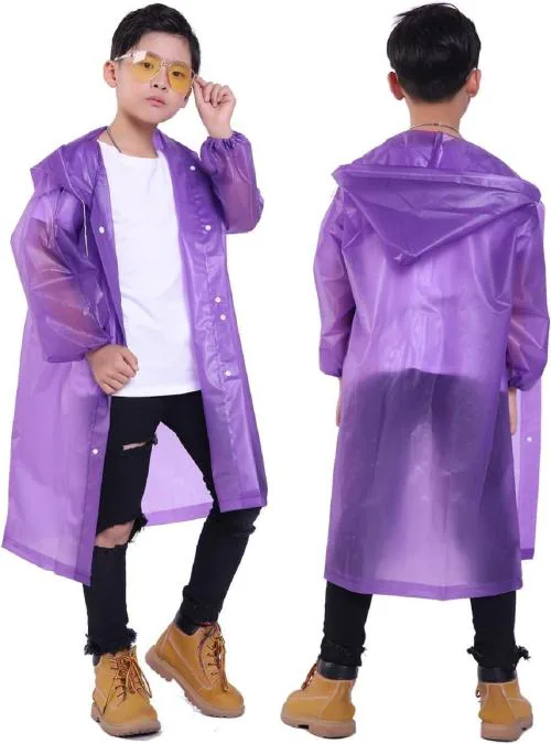 INFISPACE Kid's Reusable EVA Rain Poncho Raincoat| Rain Jackets Long with HoodEva Boys Purple A Color Raincoat pack of 1