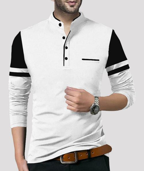 TRIPR Solid Men Mandarin Collar White, Black T-Shirt| T-Shirt For Men| Mens Tshirt| Printed Mens Tshirt | T-Shirt
