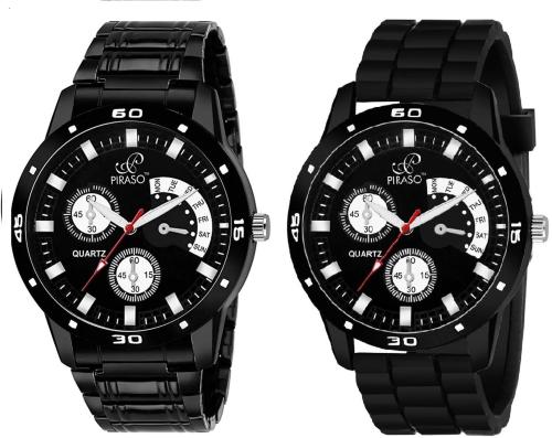 Piraso Analog Multicolor Dial Black Strap Watch For Men And Boys (Pack Of 2)