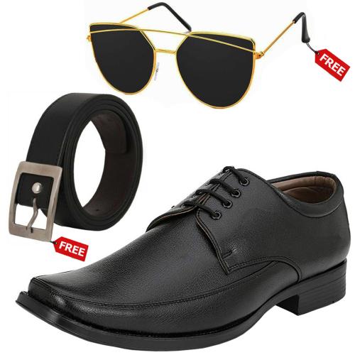 Vitoria Trendy Men's Black Lace-Up Sythetic Leather Formal Shoes With Free Belt & Unisex Sunglasses-6