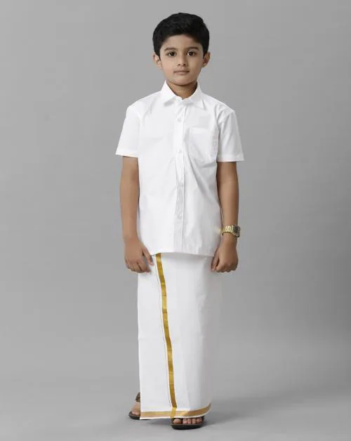 Ramraj Cotton Boys Half Sleeve White Shirt and Dhoti Set